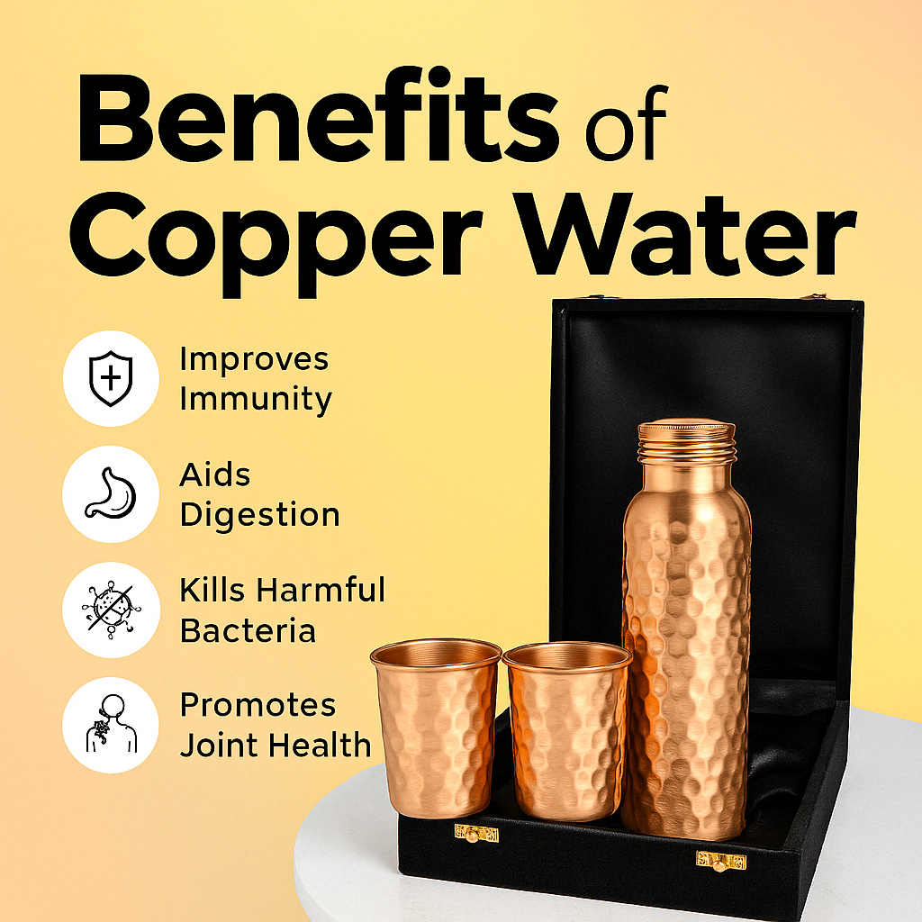 
                  
                    Hammered Pure Copper Water Bottle / Tumblers - Gift Set
                  
                